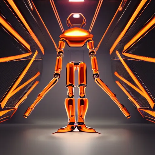 Image similar to graceful orange chrome robot, character concept art, futuristic cyberpunk humanoid machine, symmetry__4, hyperrealistic high detail 70mm, 4k post-proc