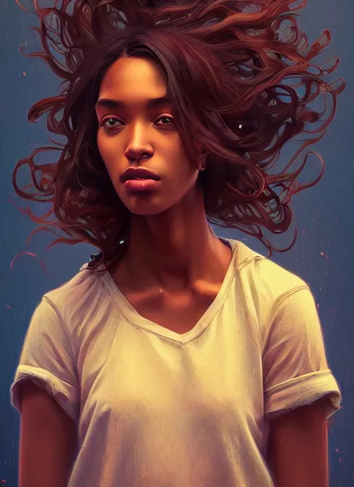 Image similar to handsome young black women with shoulder length brown hair, half body shot, path traced, highly detailed, high quality, digital painting, alena aenami, lilia alvarado, shinji aramaki, karol bak, alphonse mucha, tom bagshaw