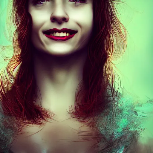 Image similar to cinematic shot of a vampire young woman smiling, epic portrait, hyper realistic, detailed face, seduction, pretty, hyper detailed, super realistic, perfect lighting pixel sorting, style sheet