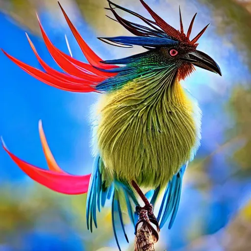 Image similar to closeup photo a bird of paradise, covered in feathers. focus on the beak. intricate eyes. extremely large wings. extreme detail, hyperrealistic photo