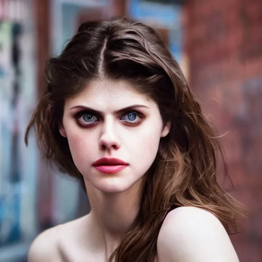 Image similar to closeup portrait of alexandra daddario in a smoky new york back street, photograph, natural light, sharp, detailed face, magazine, press, photo, Steve McCurry, David Lazar, Canon, Nikon, focus