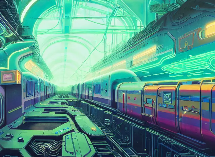 Image similar to a luminescent cyberpunk train by paolo eleuteri serpieri and tomer hanuka and chesley bonestell and daniel merriam and tomokazu matsuyama, unreal engine, high resolution render, featured on artstation, octane, 8 k, highly intricate details, vivid colors, vector illustration