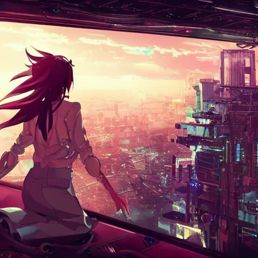 Prompt: android mechanical cyborg anime girl overlooking overcrowded urban dystopia. long flowing hair. pink pastel clouds. gigantic future city. pitch black night. raining. makoto shinkai. wide angle. distant shot. dark and dreary.