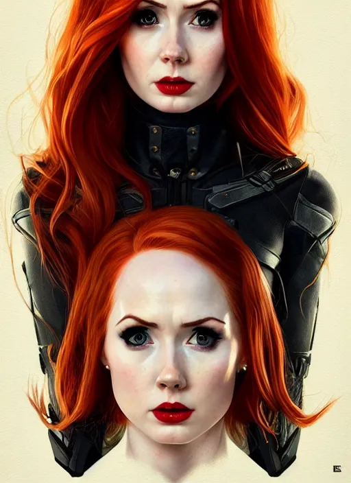 Image similar to Karen Gillan Batgirl, redhead, full body, no mask, symmetrical face symmetrical eyes, leaping from a building, illustration, artstation, cinematic lighting, hyperdetailed, cgsociety, 8k, high resolution, Charlie Bowater, Tom Bagshaw, Norman Rockwell, insanely detailed and intricate