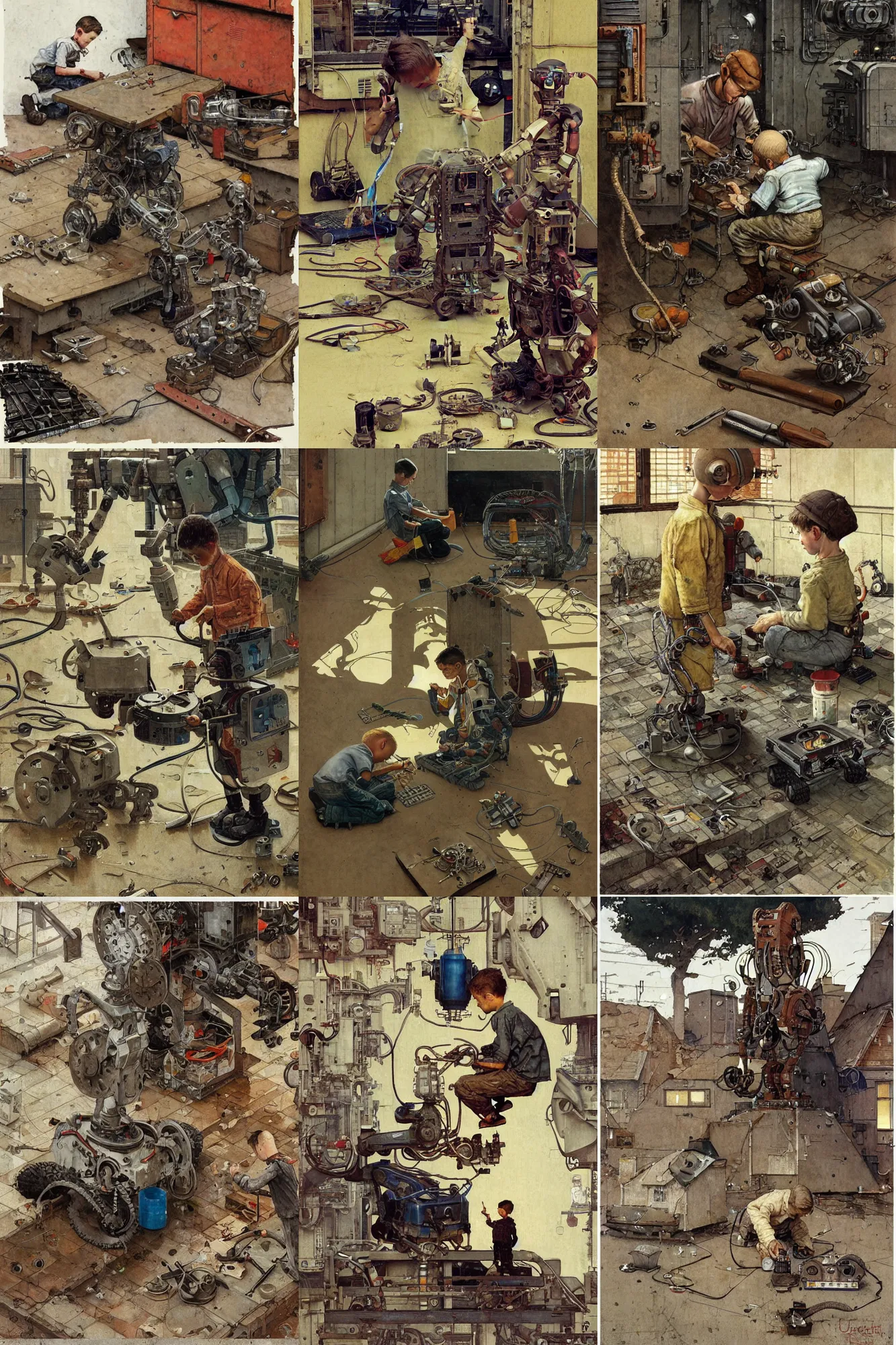 Prompt: a boy fixing his robot, part by Norman Rockwell, part by Greg Rutkowski , part by Mattias Adolfsson, isometric, oil on canvas