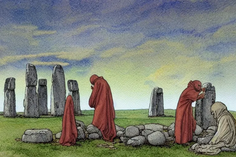 Prompt: a realistic and atmospheric watercolour fantasy concept art of a ufo landing in a tiny stonehenge. one dirty medieval monk in grey robes is on his knees praying to the ufo. muted colors. by rebecca guay, michael kaluta, charles vess and jean moebius giraud