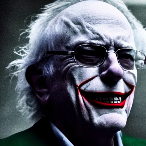 Image similar to stunning awe inspiring ( bernie sanders ) playing the joker movie still 8 k hdr atmospheric lighting, raining