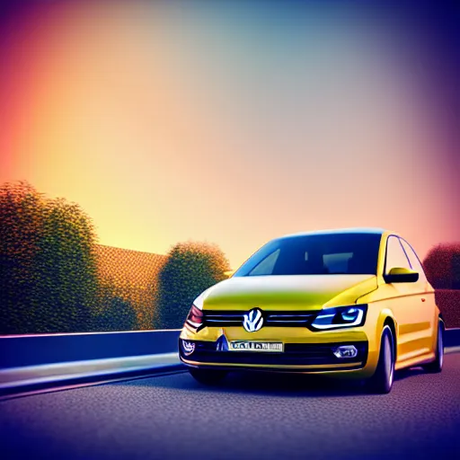Image similar to a car parked Volkswagon Golk at side of road, Berlin City, city sunset, cinematic color, photorealistic, highly detailed, bokeh, DOF, octane render