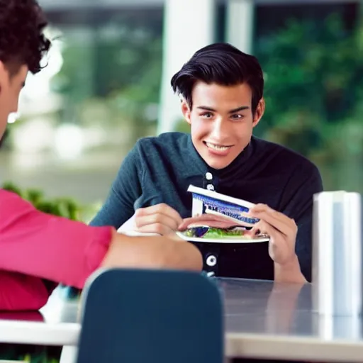 Image similar to a very handsome young male college student is buying lunch at the cafeteria but is out of money