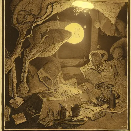 Image similar to a professor looking at stuff, higly detailed, dimm light, award - winning illustration, mystic