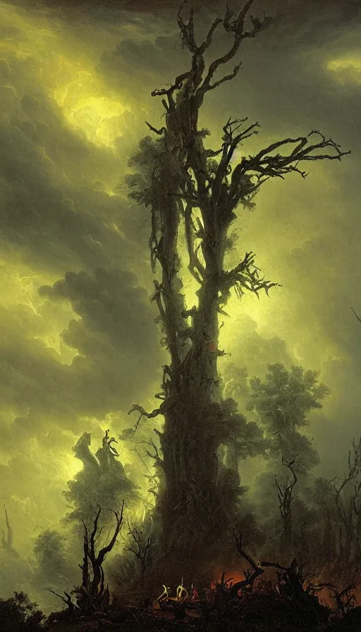 Prompt: a storm vortex made of many demonic eyes and teeth over a forest, by ivan aivazovski,