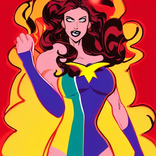 Prompt: comic book cover art, full-body character design of a beautiful and excited female superhero surrounded by fiery explosions, symmetrical face, long dark hair, well-endowed, accentuated feminine features, wearing a latex bodysuit and flowing rainbow cape, vector graphics, vector tracing, comic book realism, volumetric lighting, cel shading, highly detailed, in the style of David Nakayama and Jorge Jiménez, ArtStation, vibrant colors