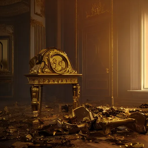 Image similar to A valuable golden object sits undamaged in the middle of an explosion damaged Victorian Art Nouveaux apartment amid the Fog of War, octane render