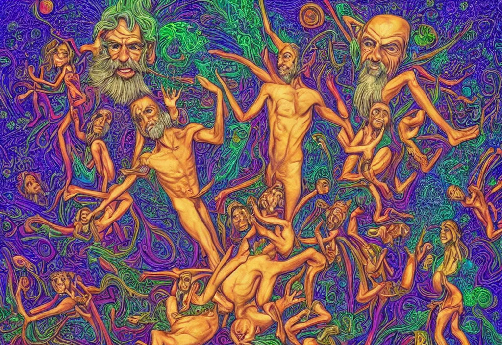 Prompt: Terence McKenna meeting elves, by Alex Grey, psychedelic, UHD, 8K High Definition