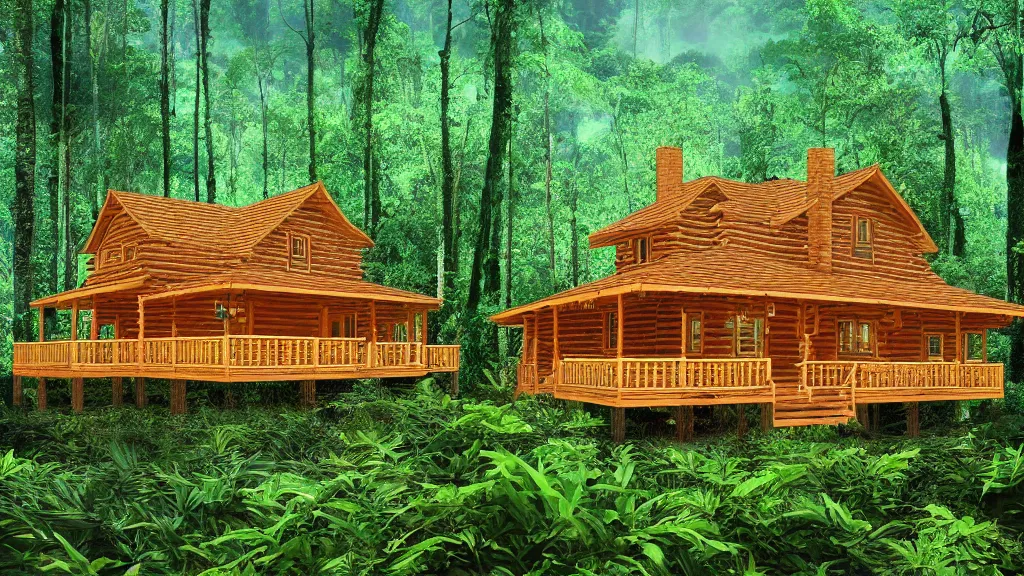 Image similar to golden log cabin in a vaporwave jungle, 4k, ultra realistic, award winning Photograph