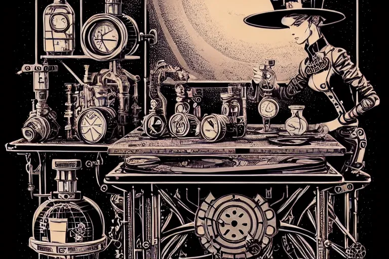 Image similar to steampunk alchemist ornate table, furniture, high details, bold line art, by vincent di fate and joe fenton, inking, etching, screen print, masterpiece, trending on artstation, sharp, high contrast, hd, 4 k, 8 k