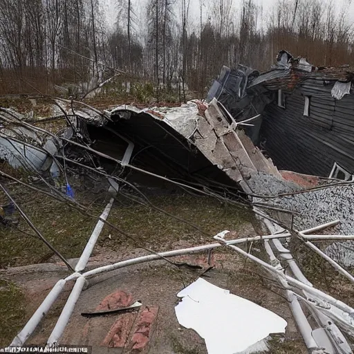 Image similar to a large funnel formed on the territory of the Russian village house in Russia as a result of a rocket hit where people gathered to photograph it