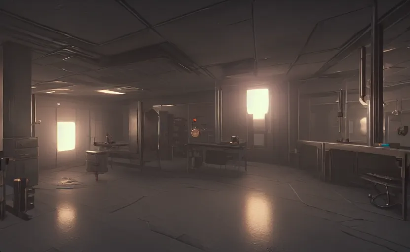 Image similar to screenshot of a game on unreal engine 5, narrow modern laboratory halls, photorealistic, liminal, retrofuturism, minimalism, soft vintage glow