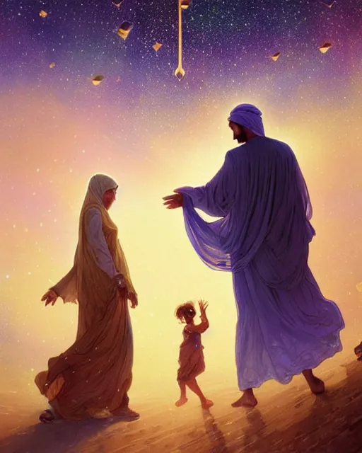 Prompt: bedouin man and woman and child, quran falling from the sky in galaxy walking towards mosque surrounded by nebula, highly detailed, gold filigree, romantic storybook fantasy, soft cinematic lighting, award, disney concept art watercolor illustration by mandy jurgens and alphonse mucha and alena aenami, pastel color palette, featured on artstation