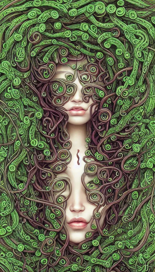 Image similar to very detailed portrait of a 2 0 years old girl surrounded by tentacles, the youg woman visage is blooming from fractal and vines, by naoto hattori