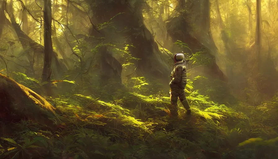 Image similar to A beautiful painting of an Astronaut in a wild magical forest, ray traced sun light, by Cindy Avelino and Kalin Popov , Trending on artstation HD.