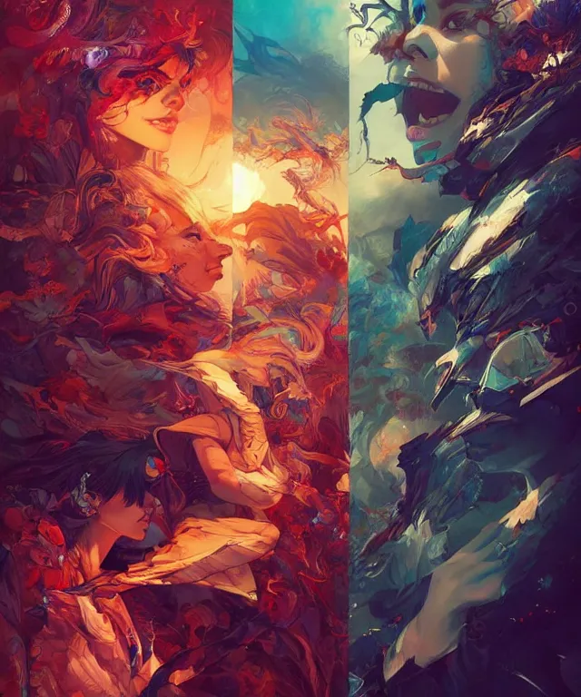 Image similar to dreams versus nightmares, by android jones and guweiz and ross tran and ilya kuvshinov, trending on artstation