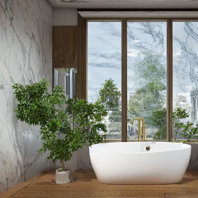 Image similar to marble bathroom interior, bathtub with golden faucet, wood cabinets, marble floor, large window in back with white mountain nh fall river view, large potted plant, realistic, unreal engine render, octane render, hyper realistic, photo, 8 k