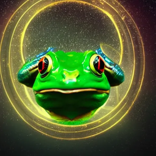 Image similar to frog with 3 eyes ponders holographic image of globe with evil smile, dark room