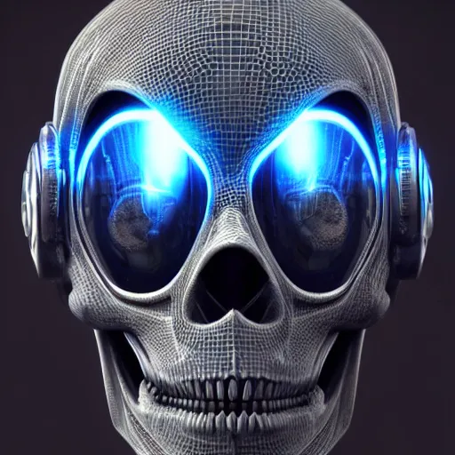 Image similar to a cyborg futuristic detailed alien skull with eyes that are holograms into an alien world. 3D render trending on artstation. Concept art octane.