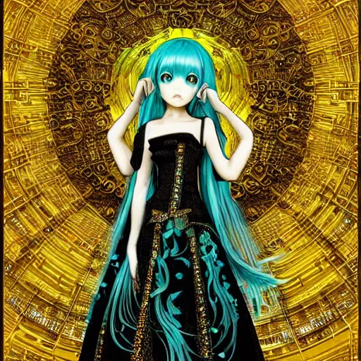 Prompt: hatsune miku, official artwork, danbooru, by Karol Bak, Jean Deville, Gustav Klimt, and Vincent Van Gogh, Surreality, fractal structures, arcane, ornate gilded medieval icon