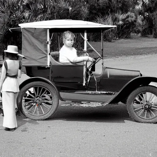 Prompt: a quokka, driving a model t ford, black and white photograph