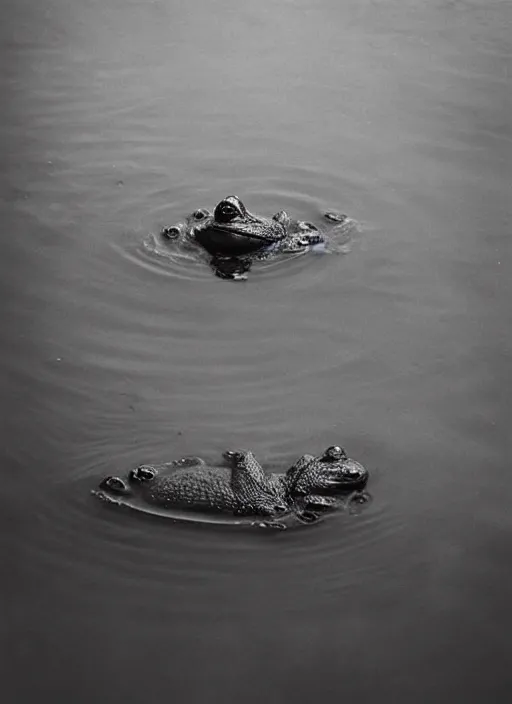 Image similar to “semitranslucent smiling frog vertically hovering over misty lake waters in crucifix pose, low angle, long cinematic shot by Andrei Tarkovsky, paranormal, eerie, mystical”