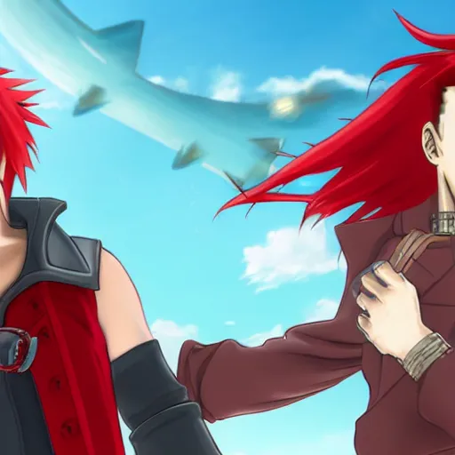 Image similar to male sky-pirate with long red hair and red beard in front of an airship, full metal alchemist, anime style