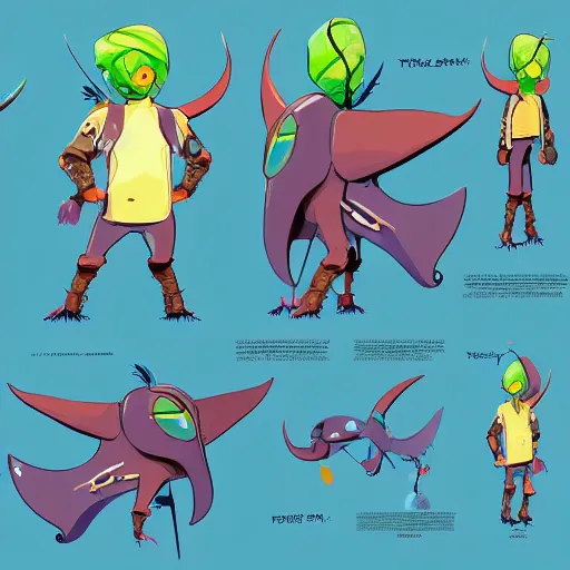 Prompt: character design sheets for a mantaray character who sells spray paint cans and has a sculpting gig on the side, designed by splatoon nintendo, inspired by tim shafer psychonauts 2 by double fine, cgi, professional design, gaming