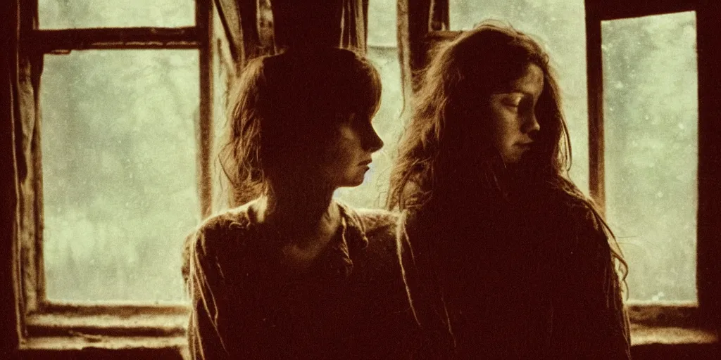Image similar to portrait bust of young woman, tired expression, faded color film, russian cinema, tarkovsky, kodachrome, inside old cabin, next to window, heavy forest outside, long brown hair, old clothing, heavy fog, brown color palette, hudson river school, 4 k, dramatic lighting, greg rutkowski