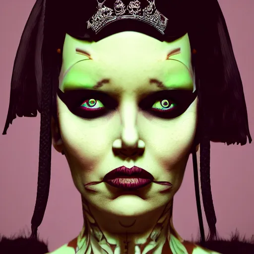 Image similar to queen of the darkness, self help author, in the style of grand chamaco and pedro conti and stanley kubrick, inspired by die antwoord, photorealistic, epic, super technical, 3 d render