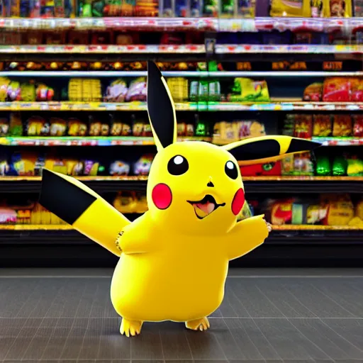 Image similar to Pikachu in a supermarket, matte painting, concept art, cgsociety, octane render, trending on artstation, artstationHD, artstationHQ, unreal engine, 4k, 8k