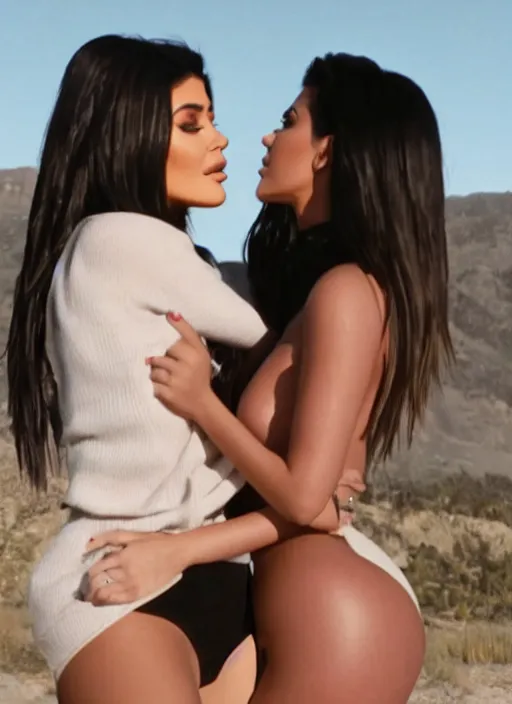 Image similar to film still of kylie Jenner making out with kim kardashian, scenic mountain backround, lens flare, cinematic