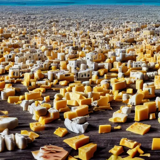 Prompt: a city made of cheese surrounded by an ocean of beans