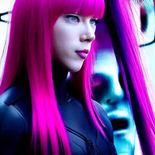 Image similar to « highly detailed, scarlet johnson, ghost in the shell, pink hair, pretty, blue eyes »