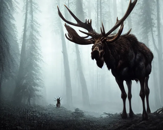 Image similar to 5 5 mm portrait photo of an armored demonic undead rotting moose with red eyes antlers and looking at the camera, in a magical forest. magical atmosphere. art by greg rutkowski and luis royo. highly detailed 8 k. intricate. lifelike. soft light. nikon d 8 5 0.