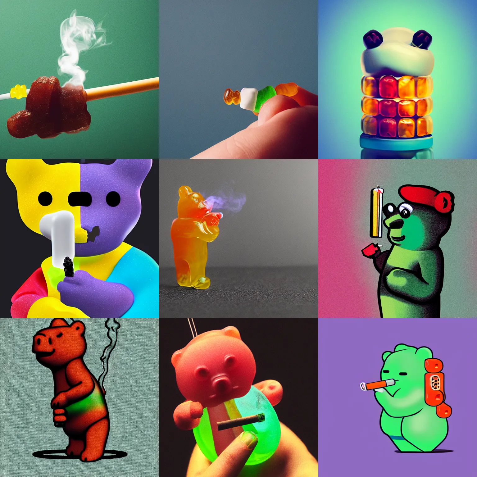 Prompt: a gummy bear smoking a cigarette, beeple,