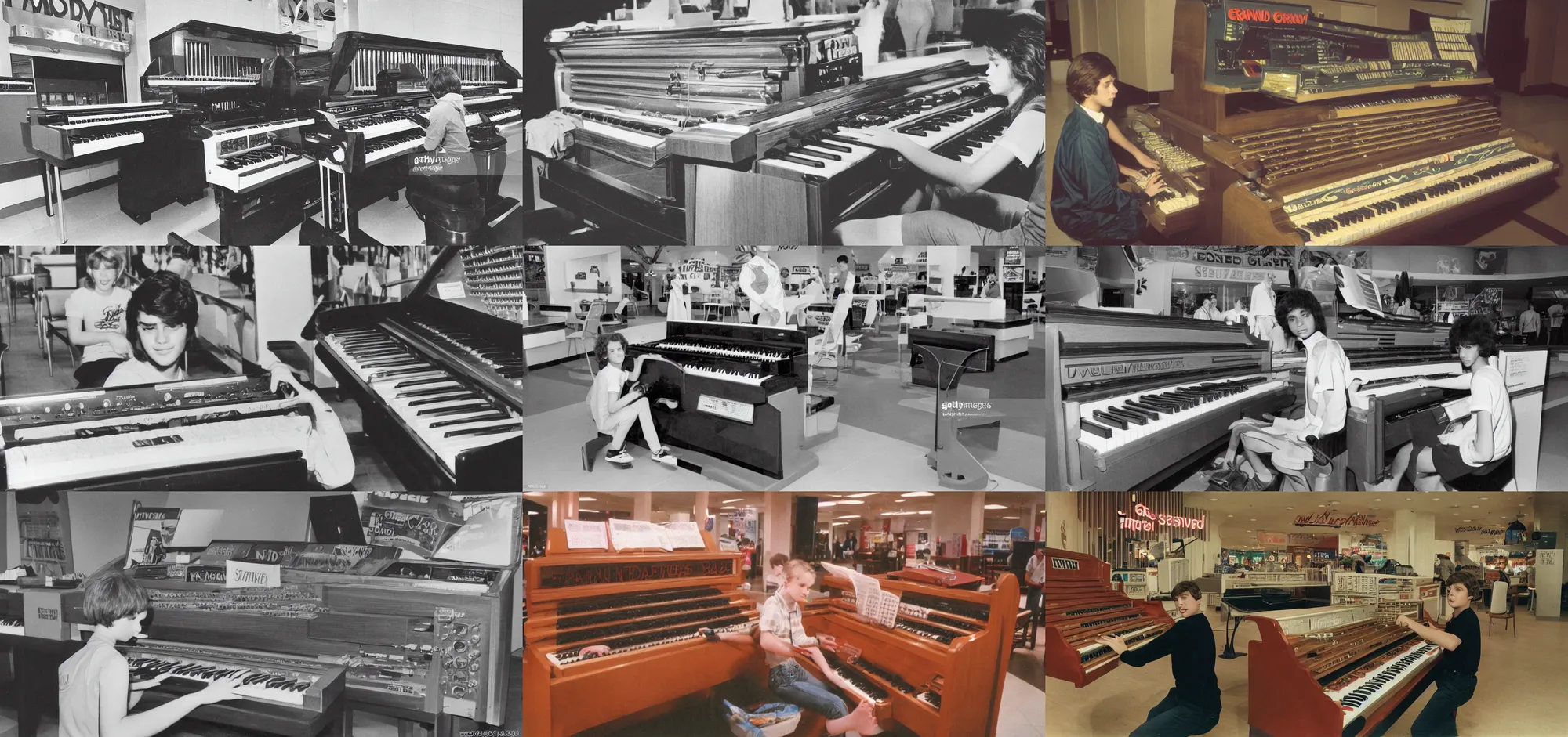 Prompt: teen playing an organ in a 1980s mall, cover of grand theft auto