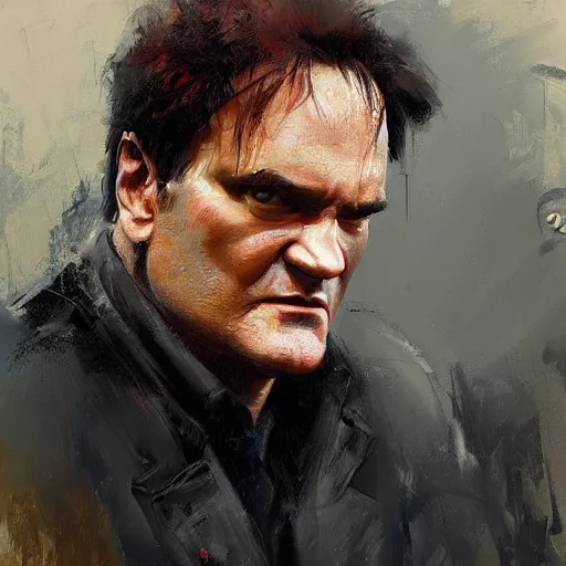 Image similar to A realistic hyperdetailed wide-shot digital oil portrait painting of an quentin tarantino in the style of Guy Denning, Ruan Jia, and Craig Mullins. Trending on ArtStation, DeviantArt, and Instagram. CGSociety Digital art. quentin tarantino.