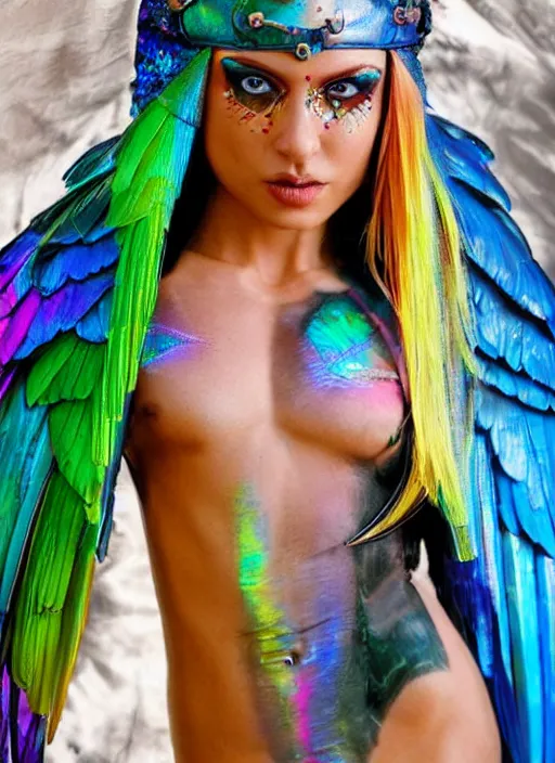 Image similar to a swashbuckling pirate! wearing iridescent body paint, posing with an iridescent parrot, fashion photo 2 0 2 2