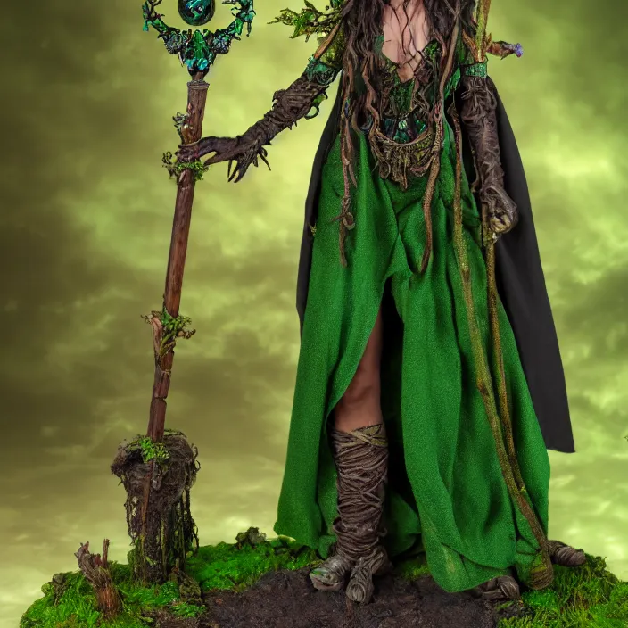 Image similar to photograph of a real-life beautiful elemental earth witch with ornate green and brown robes and staff. Extremely detailed. 8k