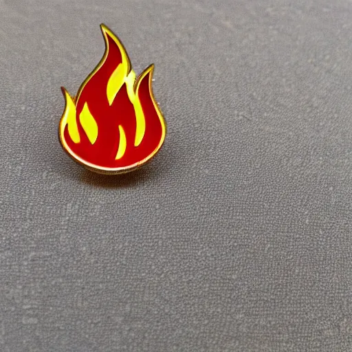 Prompt: a diamond enamel pin of a retro minimalistic flame fire warning label, smooth curves