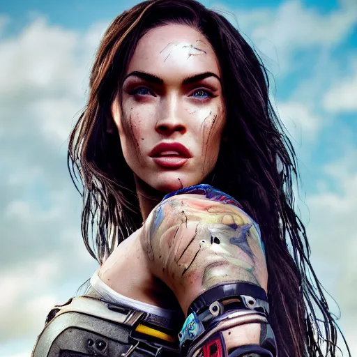 Image similar to megan fox portrait, horizon forbidden west, horizon zero dawn, photorealistic, ultra detailed, machines, octane, robots, nature background, cinematic lighting, studio quality, feature, scars, 8 k