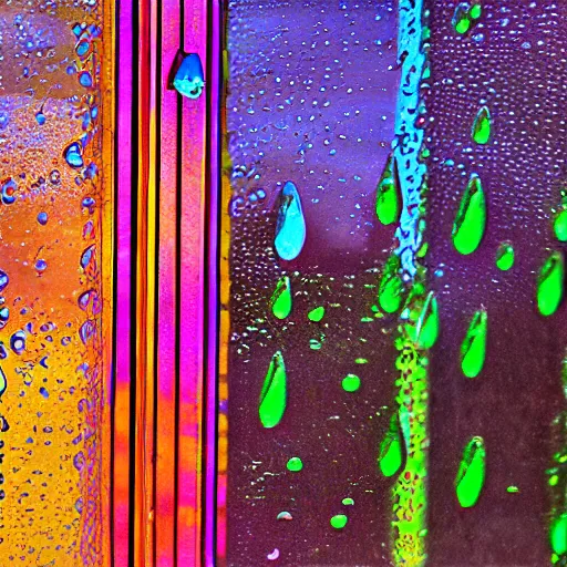 Prompt: multi colored raindrops on glass window
