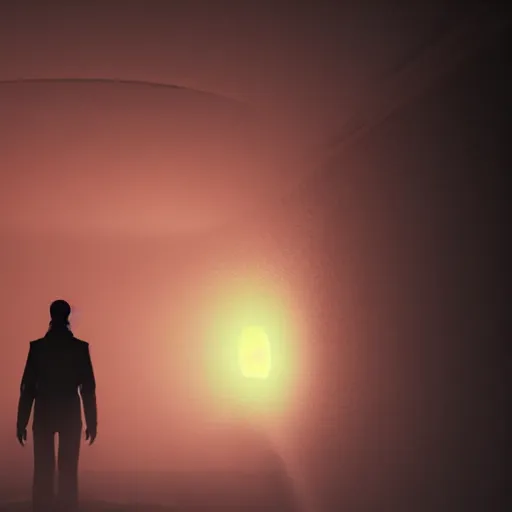 Image similar to silhouette of a man standing on a dark hallway, red light on the behind of the man, creepy atmospheric, unreal engine fantasy art, 8k, trending on artstation, realistic